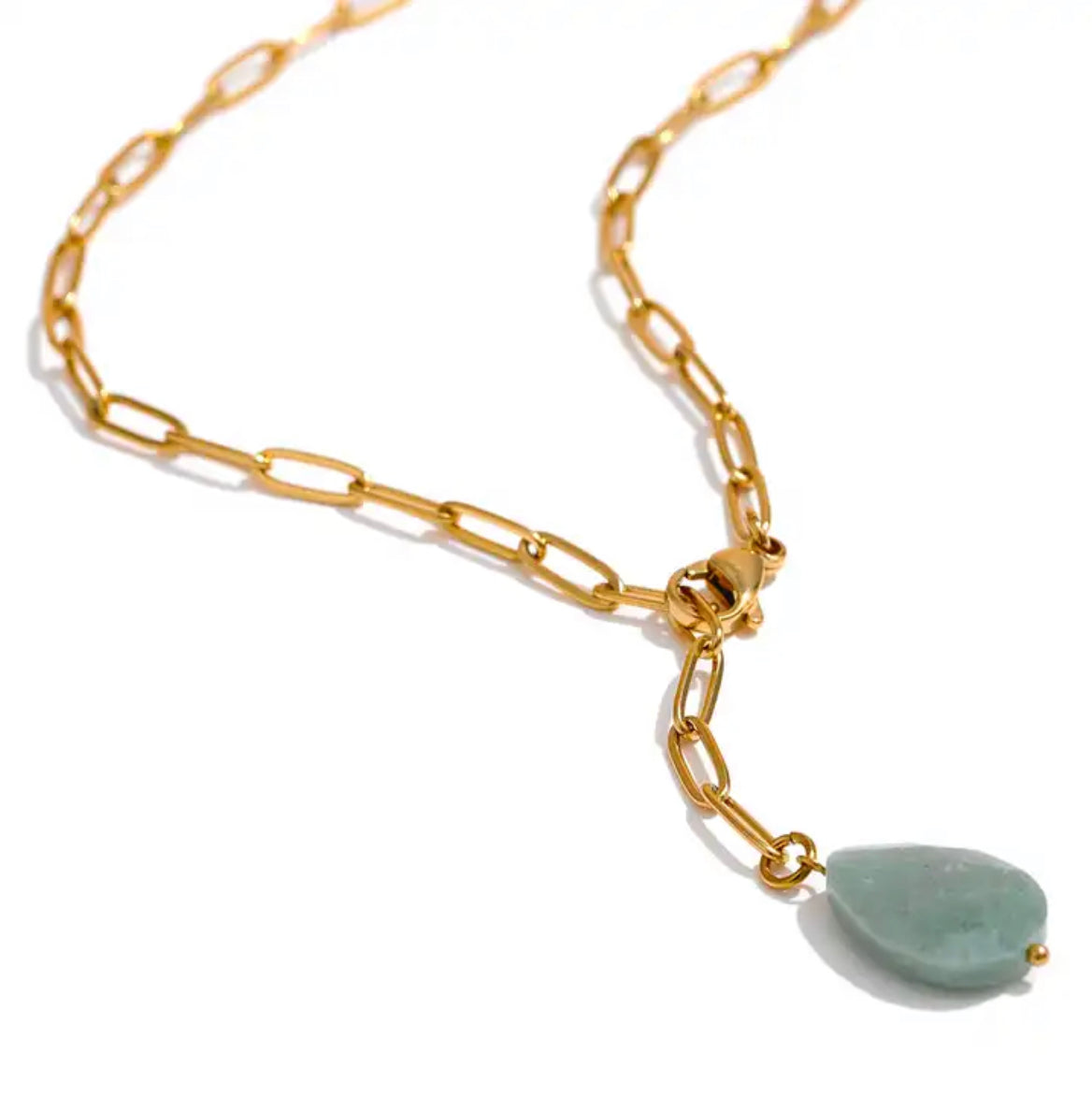 Tear Drop Stone Link Necklace - 18K Gold Coated