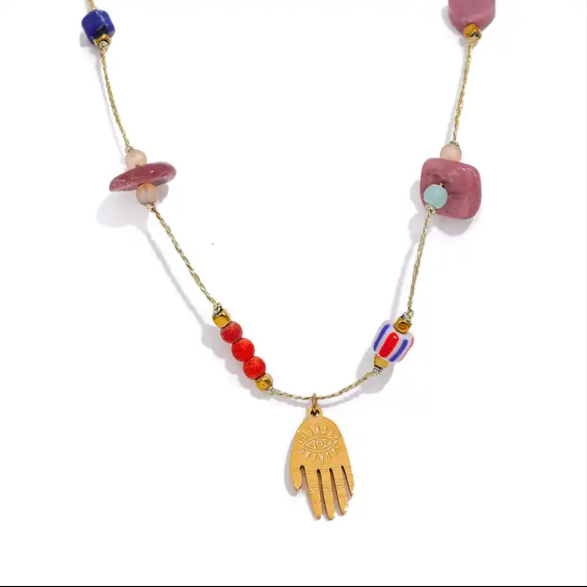 Hamsa Beaded Necklace - 18K Gold Coated