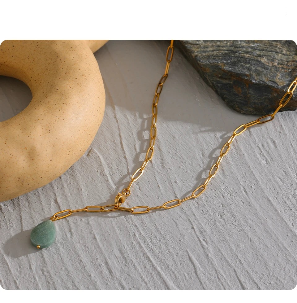 Tear Drop Stone Link Necklace - 18K Gold Coated