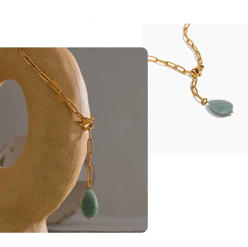 Tear Drop Stone Link Necklace - 18K Gold Coated
