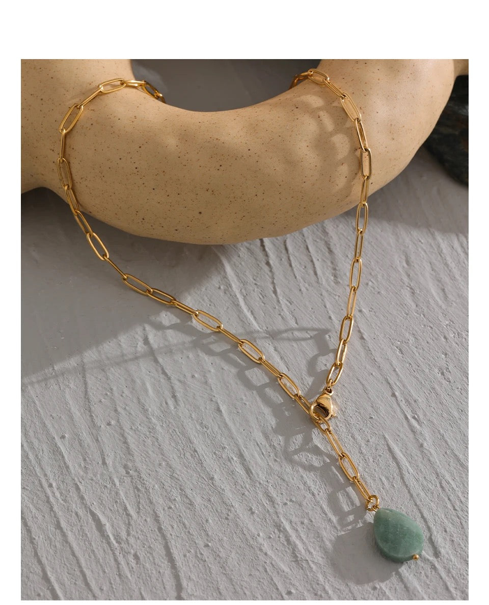Tear Drop Stone Link Necklace - 18K Gold Coated