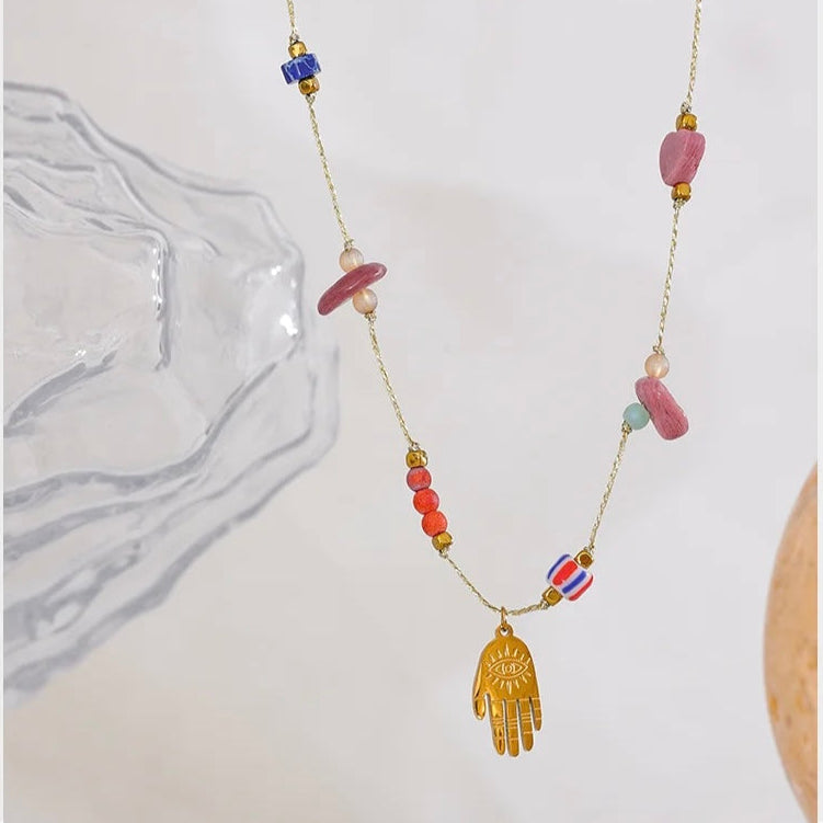 Hamsa Beaded Necklace - 18K Gold Coated