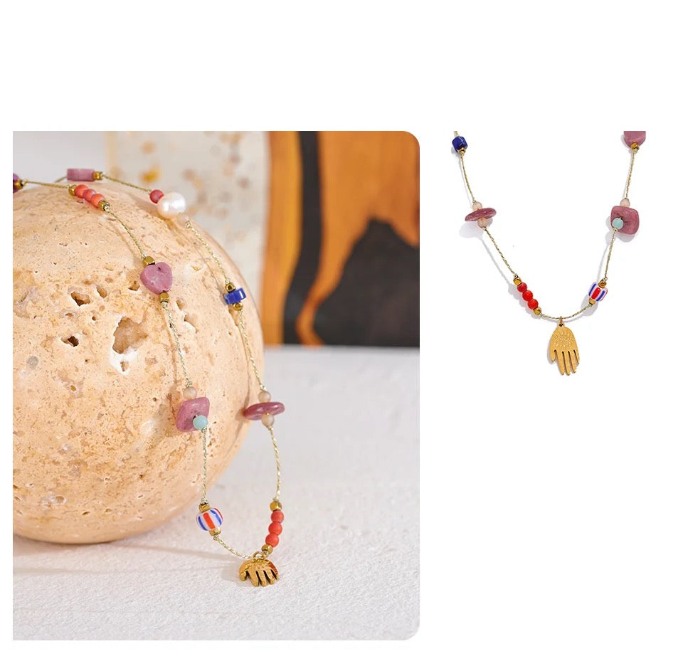 Hamsa Beaded Necklace - 18K Gold Coated