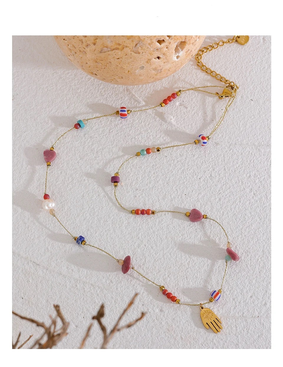 Hamsa Beaded Necklace - 18K Gold Coated