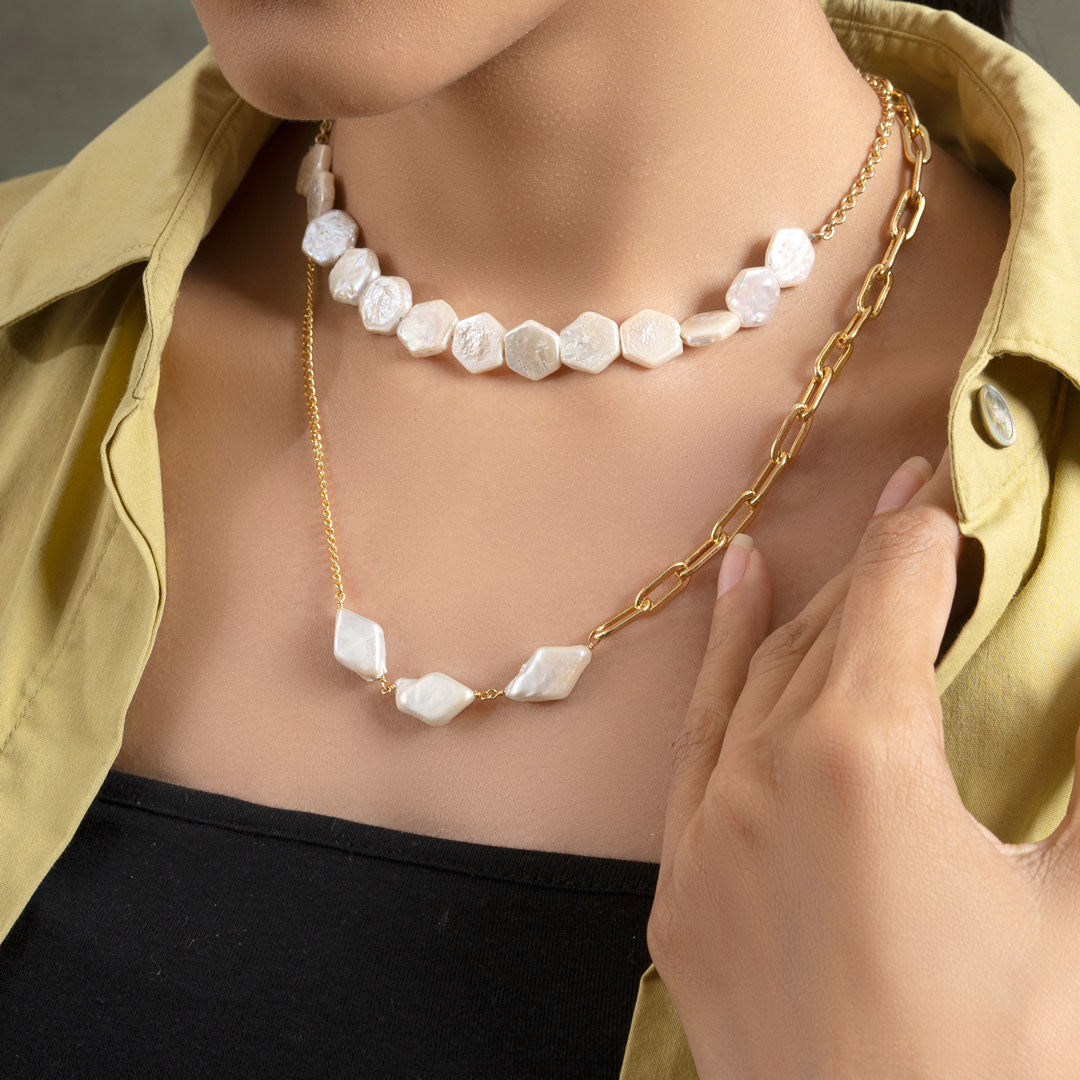 Diamond Pearl Link Chain - Gold Coated Necklace