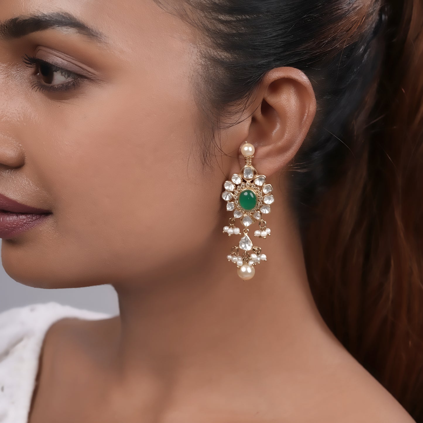 Emerald Flower Polki  - Gold Plated 925 Silver